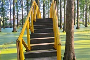 A wooden staircase with yellow handrails leading up to a platform.