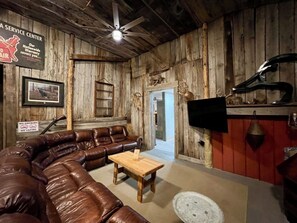 Smart TV, fireplace, books