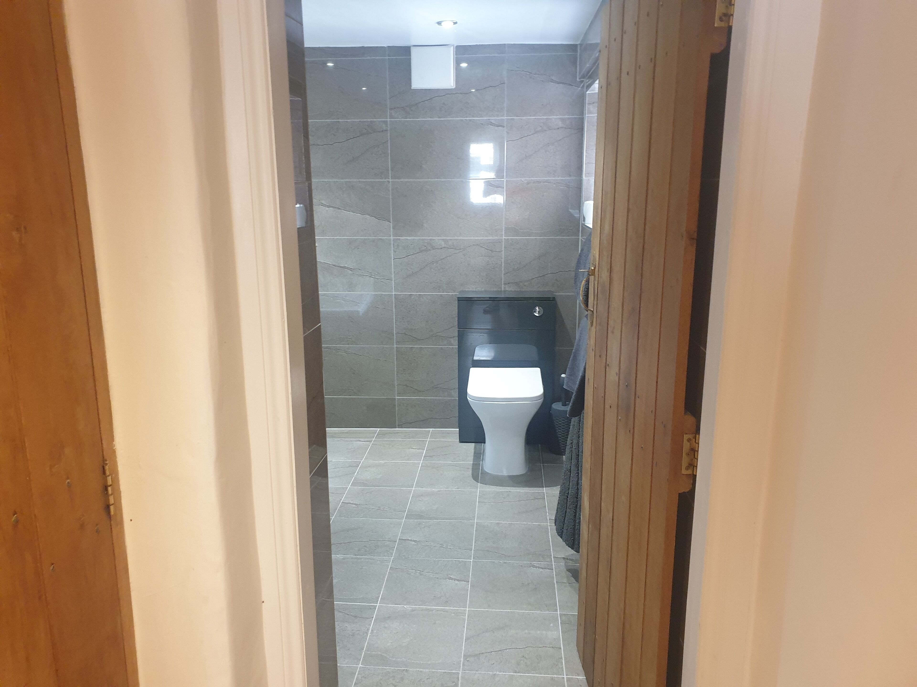 A narrow hallway leading to a bathroom with a toilet and a black cabinet.