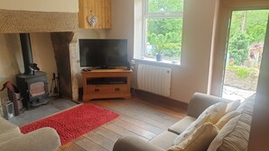 A cozy living room with a fireplace, a television on a wooden stand, a red rug, and a couch. - Cottage Hurst Green Sleeps 4, Views (Clitheroe)