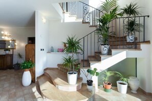 A staircase with multiple landings, surrounded by potted plants. - Beautiful 4 bed house in Urbino in the Marche (Urbino)