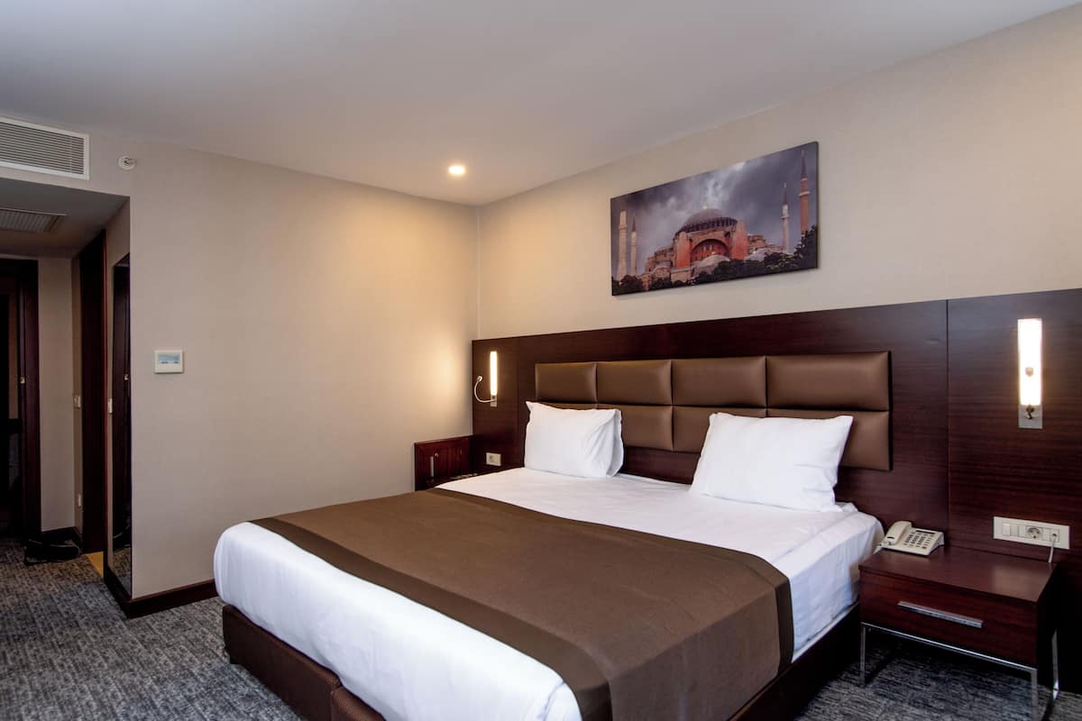 A hotel room with a large bed, a headboard, a bedside table with a phone, and a painting on the wall.