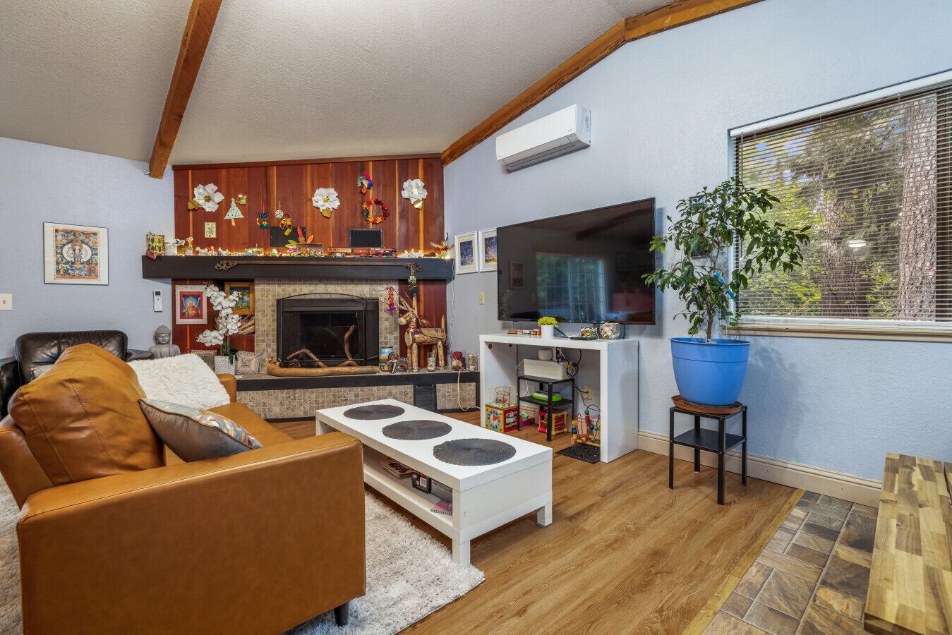 Smart TV, fireplace, ping pong, books