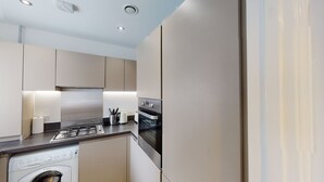 A modern kitchen with a built-in washer and dryer, stainless steel appliances, and recessed ceiling lighting. - The Central Lodge II (Dartford)