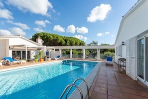 Ein Schwimmbecken mit Liegestühlen, einer überdachten Terrasse und Blick auf Bäume im Hintergrund.