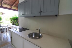 Fridge, microwave, stovetop, electric kettle