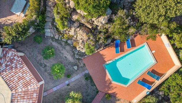 Vista aérea de una propiedad con piscina, sillas de descanso y techo de tejas.