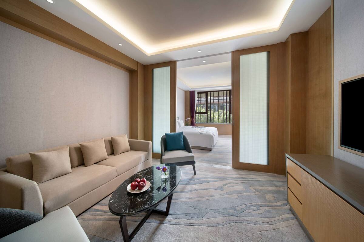 Een moderne hotelkamer met een bank, een bijzettafeltje met fruit, een televisie en een groot raam met uitzicht op groen.