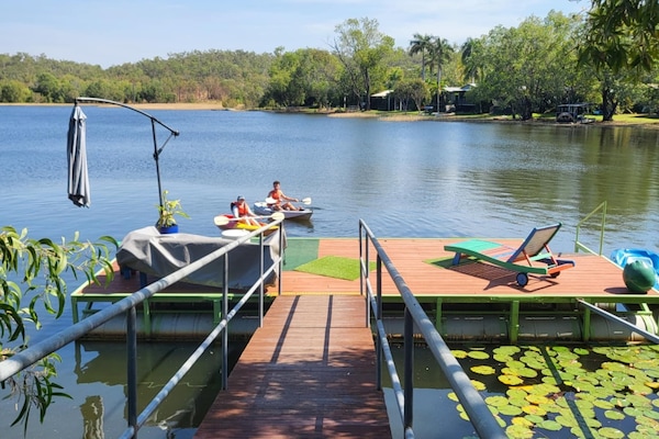 Large deck with shade and lots of seating.