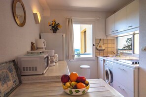Fridge, microwave, stovetop, coffee/tea maker