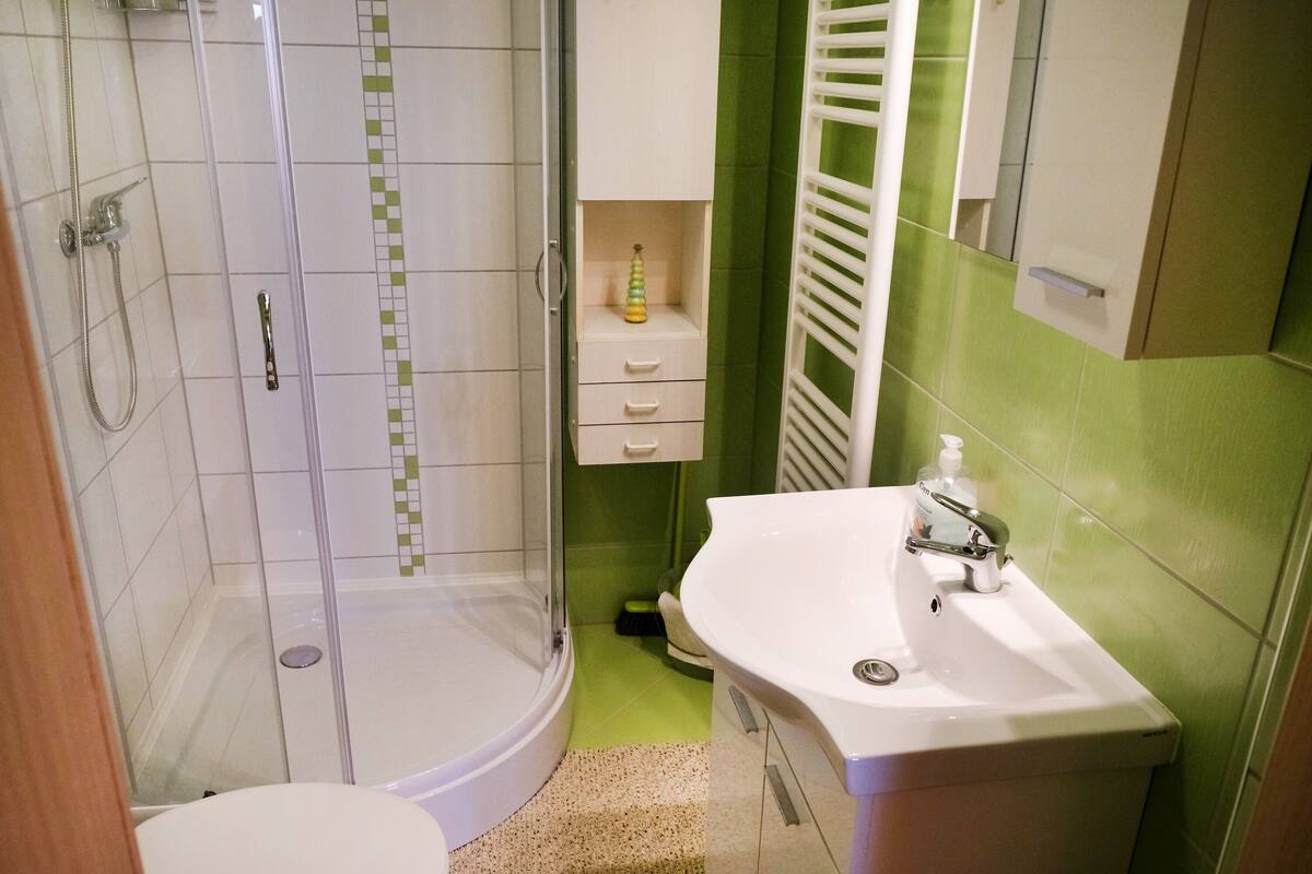 A bathroom with a glass-enclosed shower, a white sink, and a green tiled wall.