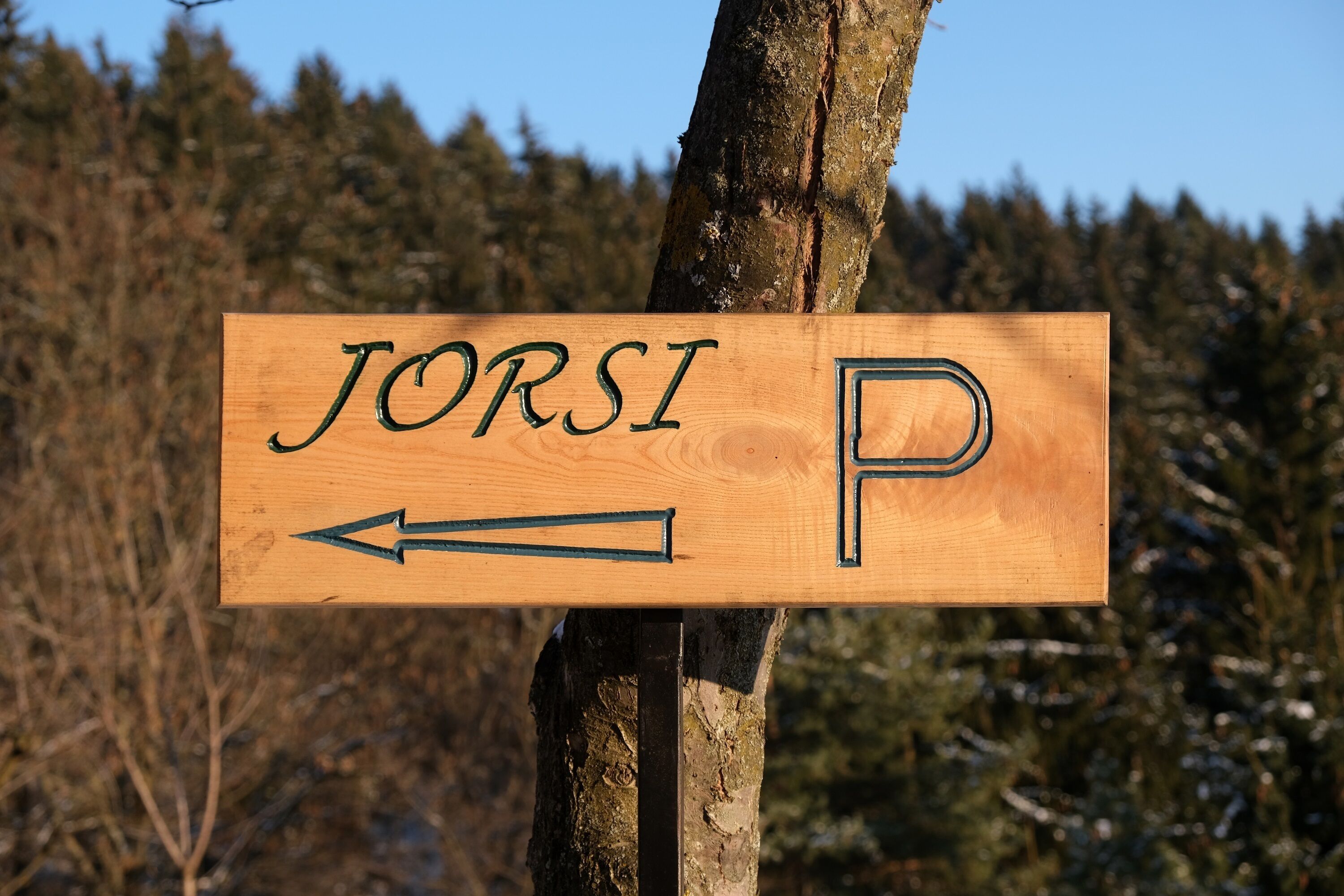 Un letrero de madera con la palabra 'JORSI' y una flecha que apunta a la izquierda, indicando una dirección.