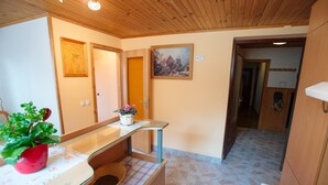 A kitchen with wooden cabinets, a countertop, a sink, and a stove. - Apartment Jorsi With Mountain View (Zrece)