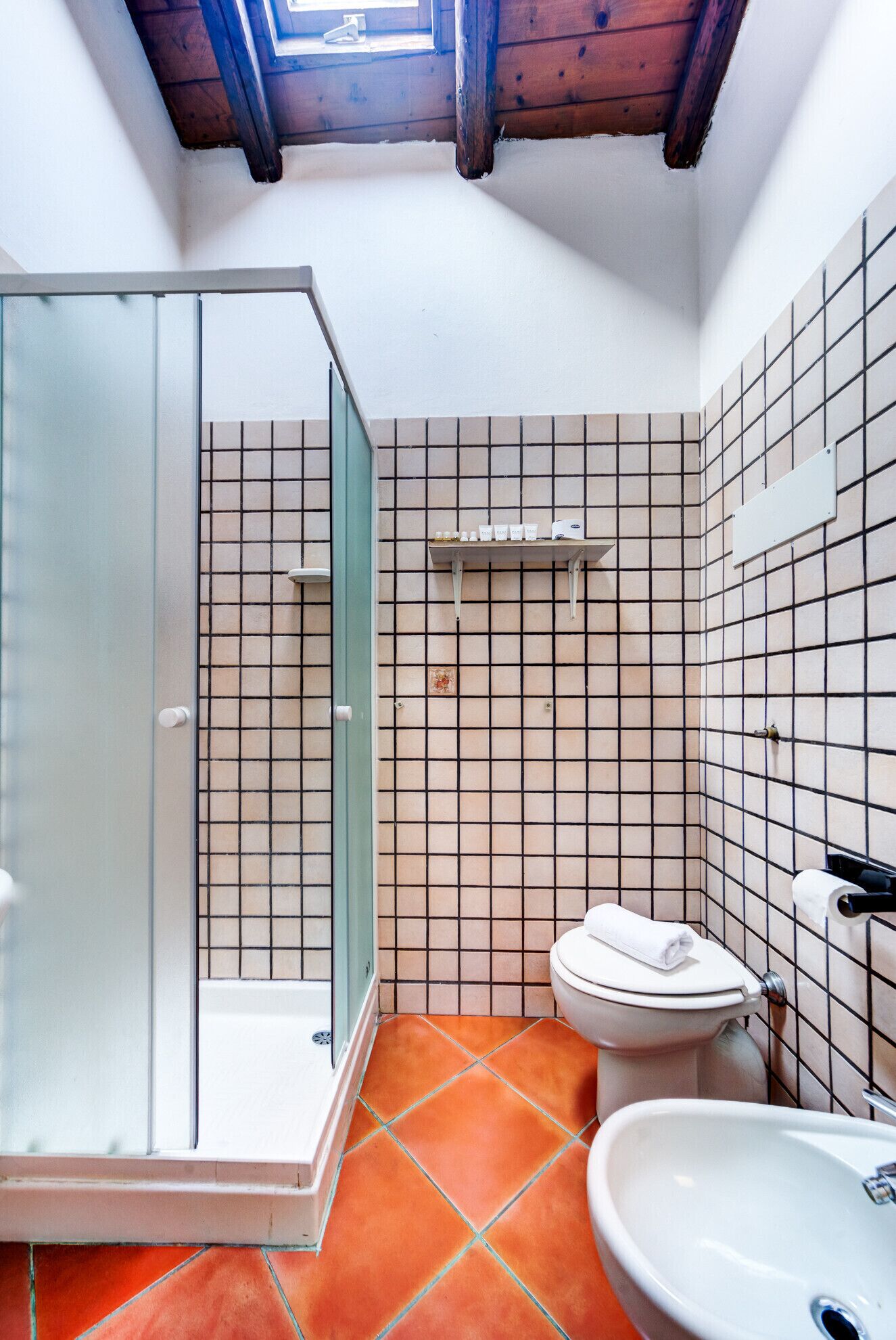 A bathroom with a glass shower enclosure, a toilet, a sink, and a shelf with toiletries.
