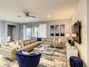 Smart TV, video games, DVD player, foosball