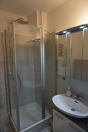 Douche, sèche-cheveux, savon, papier toilette