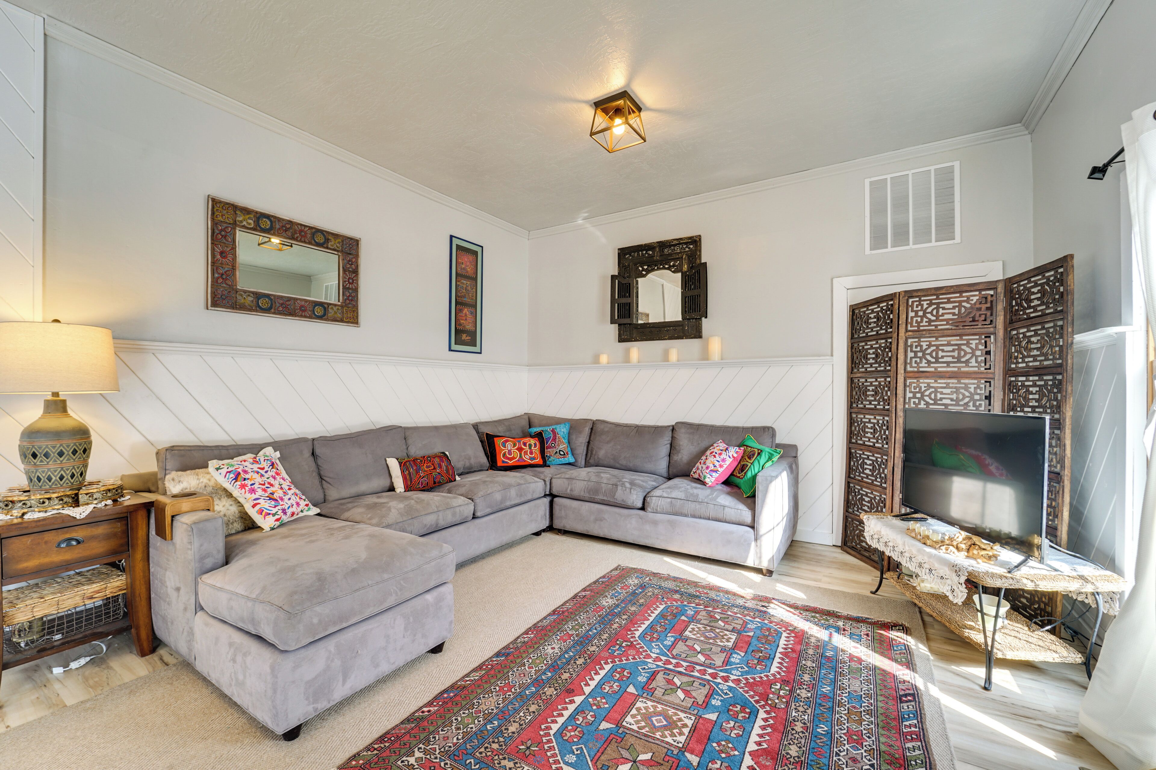 TV, fireplace, books