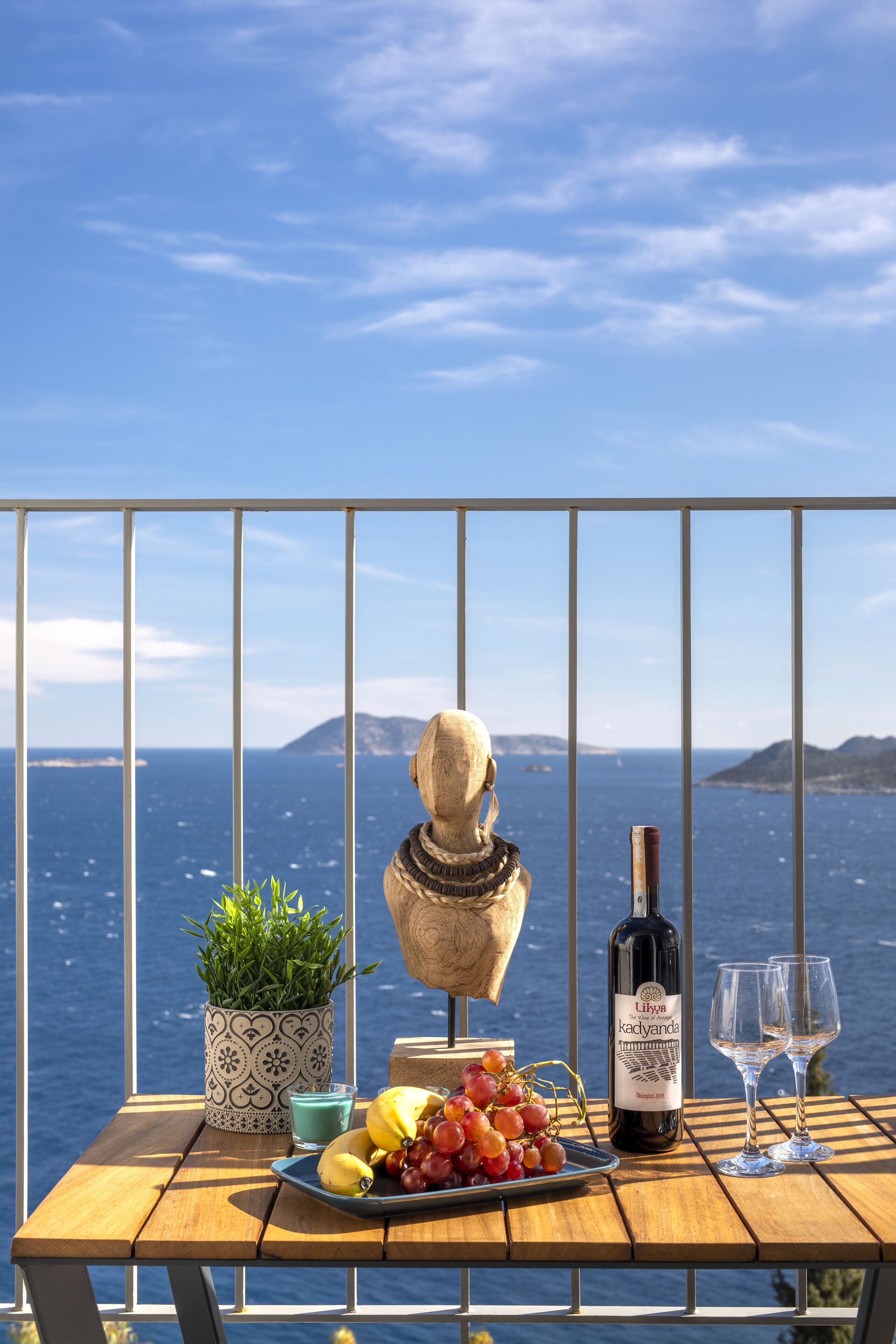 A wooden table with a potted plant, a bust sculpture, a bottle of wine, glasses, and a plate of fruit.