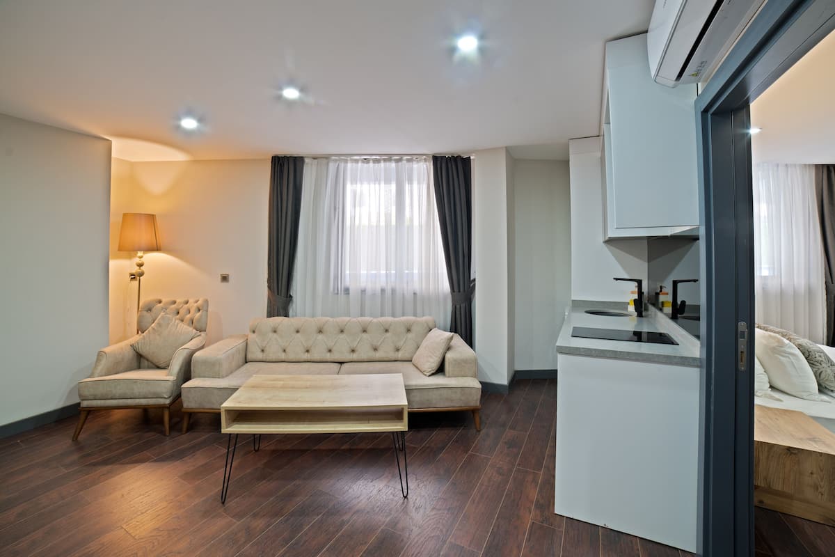 A modern living room with a sofa, a coffee table, and a kitchen area with a sink and countertop.