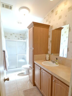 Combined shower/tub, hair dryer, towels, soap