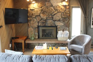 Smart TV, fireplace, DVD player, books