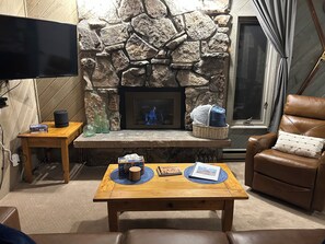 Smart TV, fireplace, DVD player, books