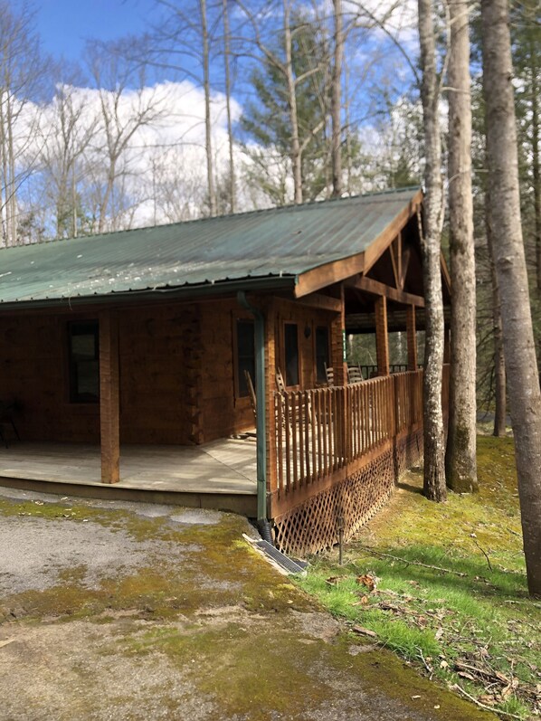 Une cabane rustique avec un toit végétalisé, un revêtement extérieur en bois et une véranda dotée d’une balustrade.