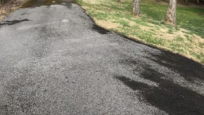 Un chemin de gravier menant à un chalet situé dans une zone boisée.