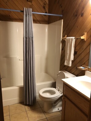 Une salle de bain avec douche, toilettes et lavabo.