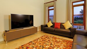 A living room with a flat-screen TV, a sofa with cushions, a patterned rug, and large windows with curtains.