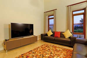 A living room with a flat-screen TV, a sofa with cushions, a patterned rug, and large windows with curtains.