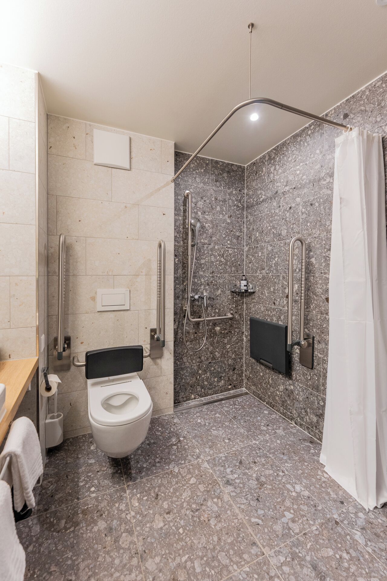 A modern bathroom with a shower, toilet, and handrails.