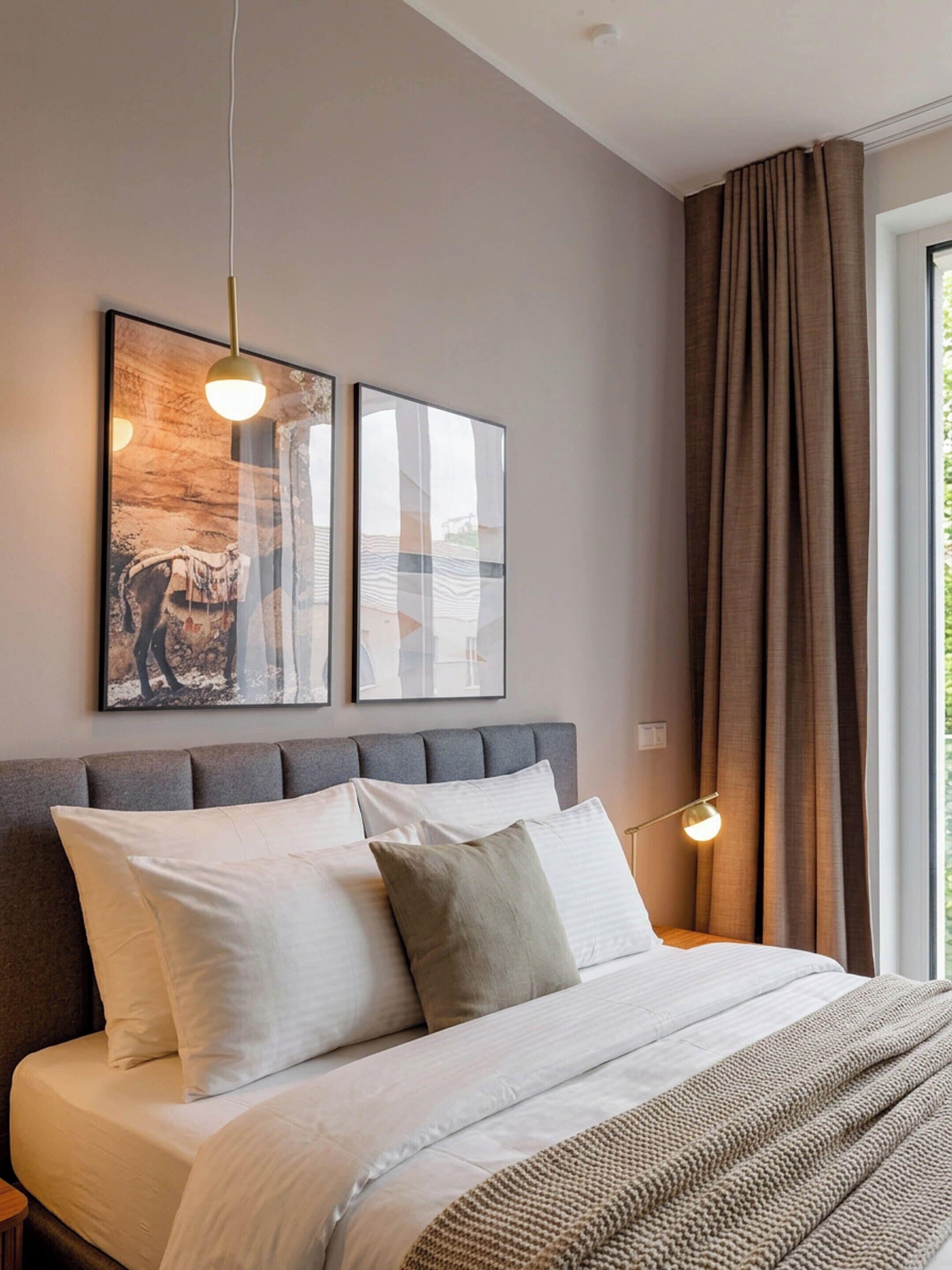 Un dormitorio moderno con un cabecero tapizado en gris, una cama grande con ropa de cama blanca y beige, dos obras de arte enmarcadas sobre la cama, y una ventana con cortinas marrones.
