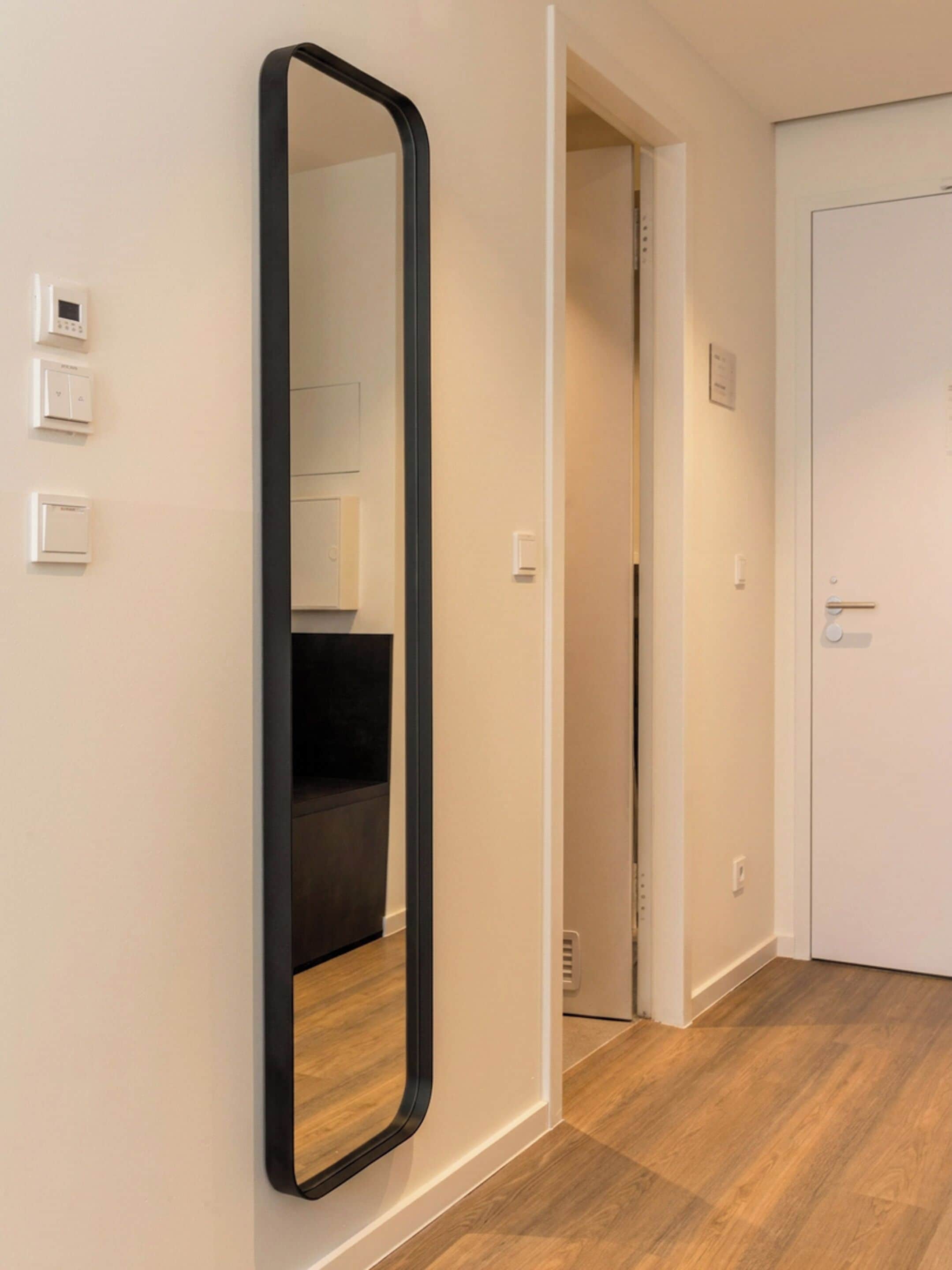 Un pasillo con un espejo grande, una puerta y un interruptor de luz en la pared.