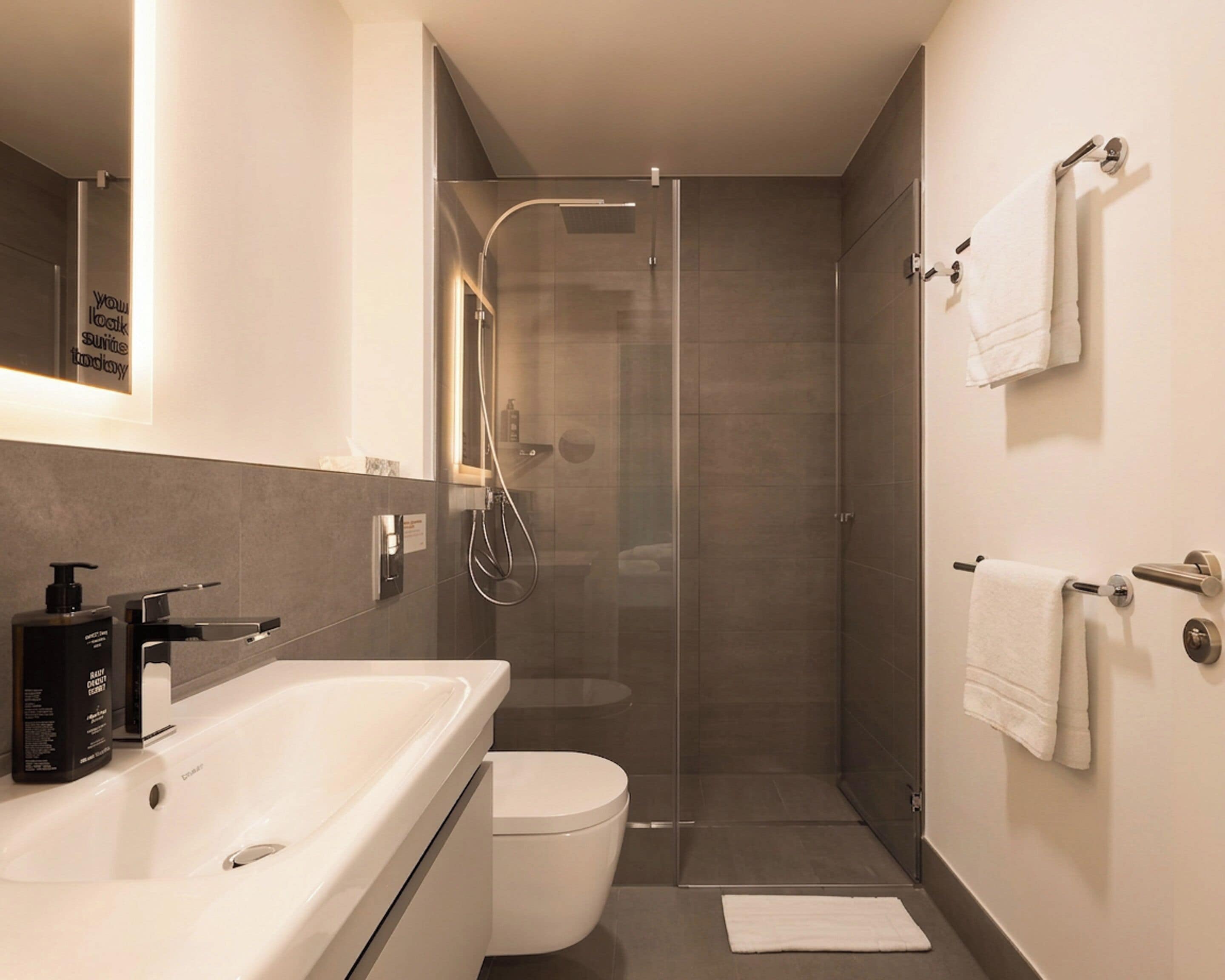 Une salle de bain moderne avec une douche à parois de verre, un lavabo blanc et des toilettes.