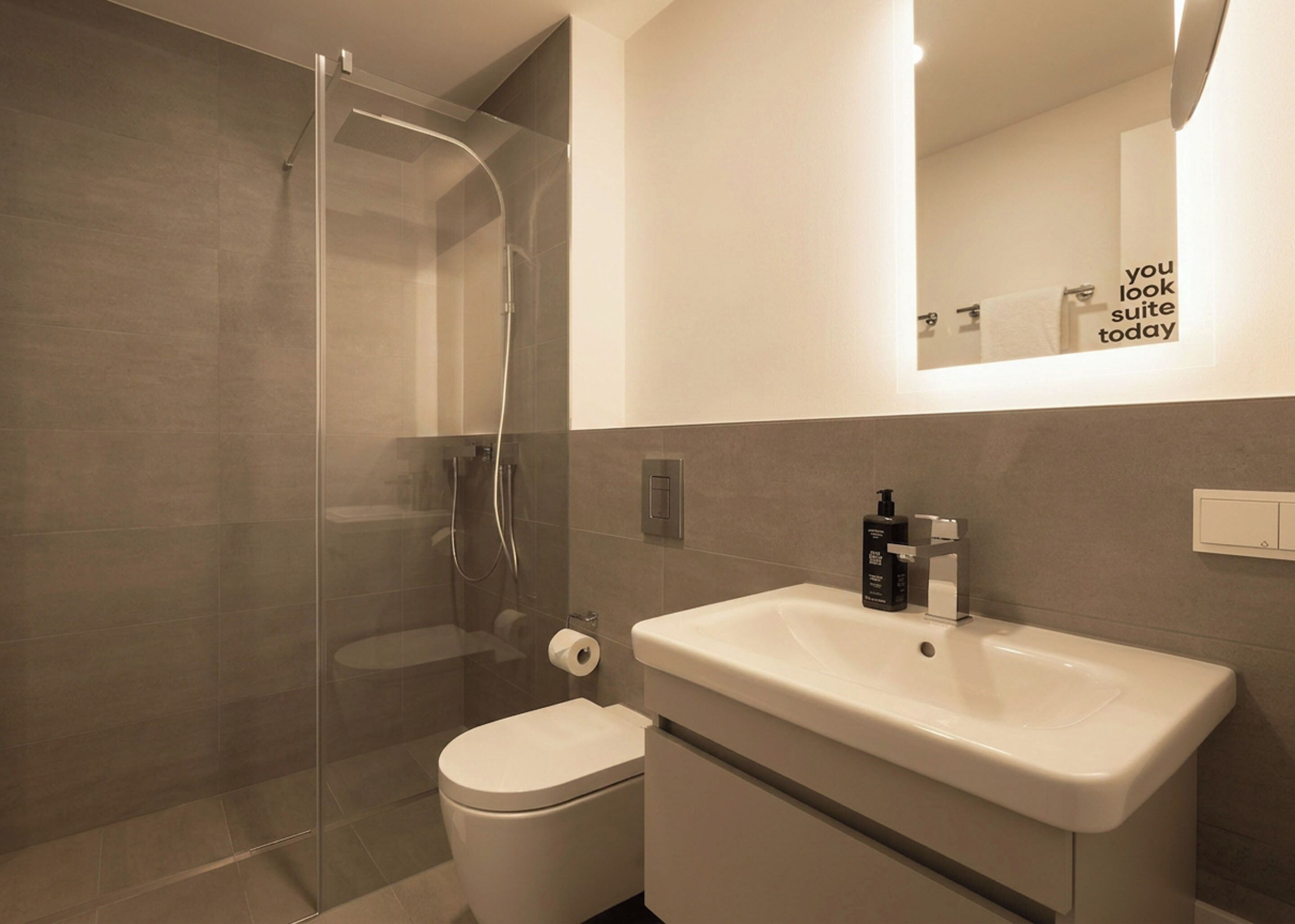 A modern bathroom with a glass-enclosed shower, a white toilet, and a sink with a mirror above.