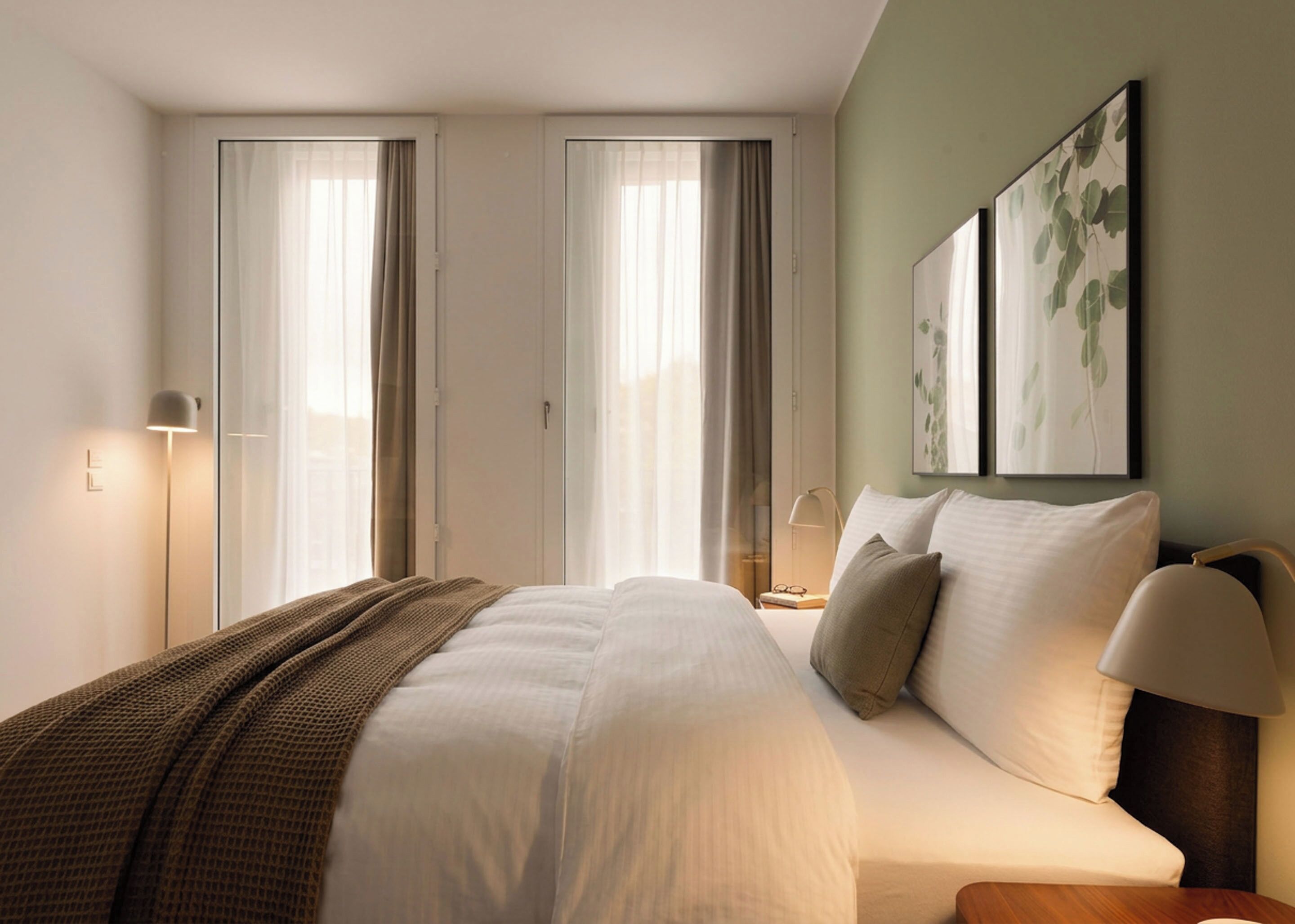 Quarto de hotel moderno com uma cama grande, mesa de cabeceira, abajur e janela com cortinas.