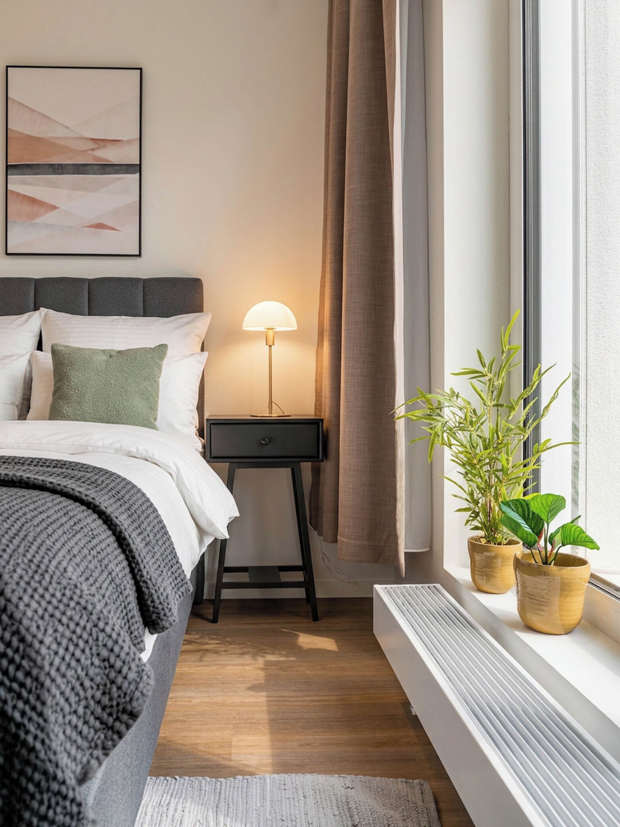 Une chambre à coucher moderne avec un lit, une table de chevet, une lampe, une fenêtre et des plantes en pot.