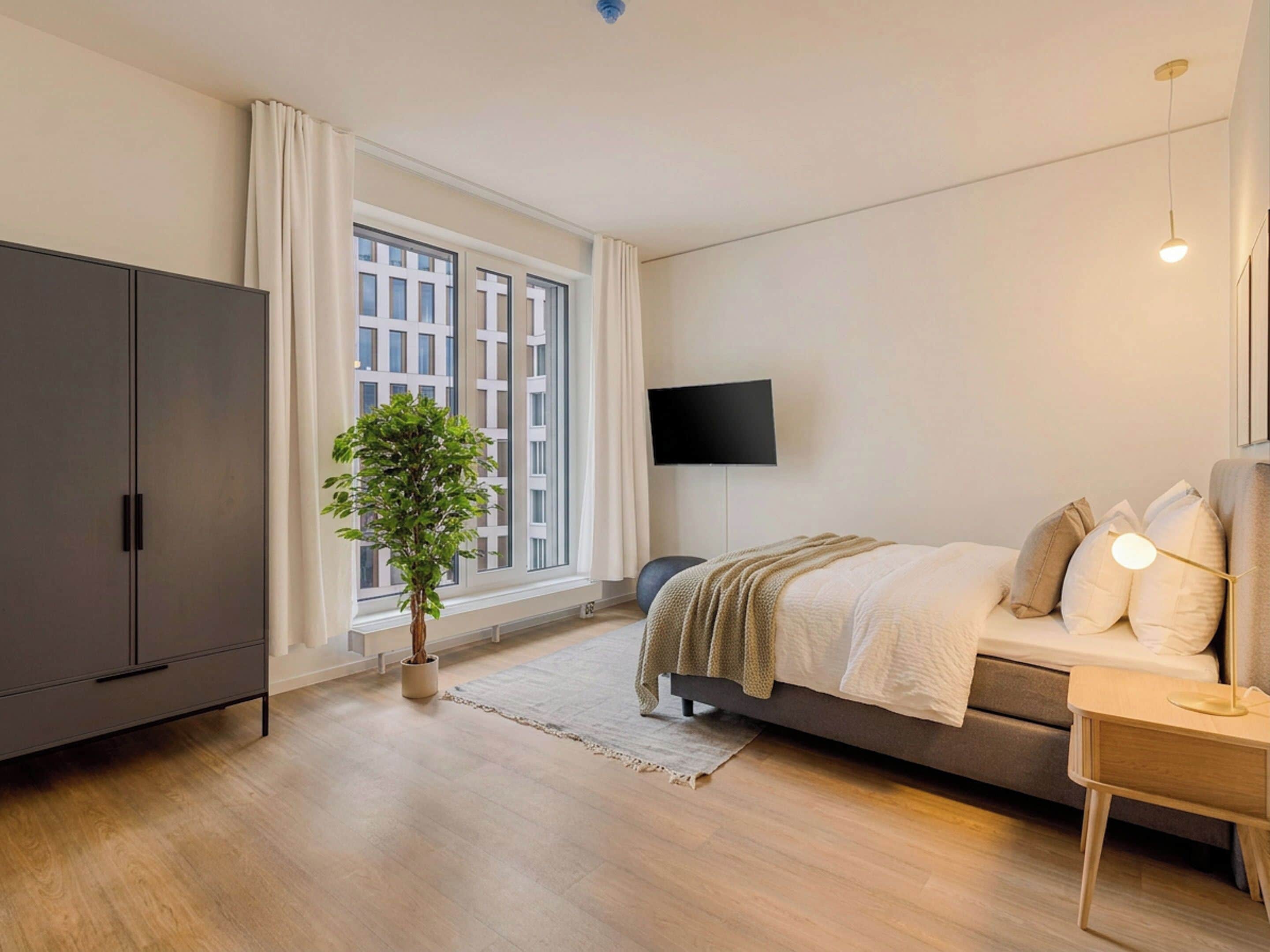 A modern bedroom with a bed, a TV, a wardrobe, and a potted plant.