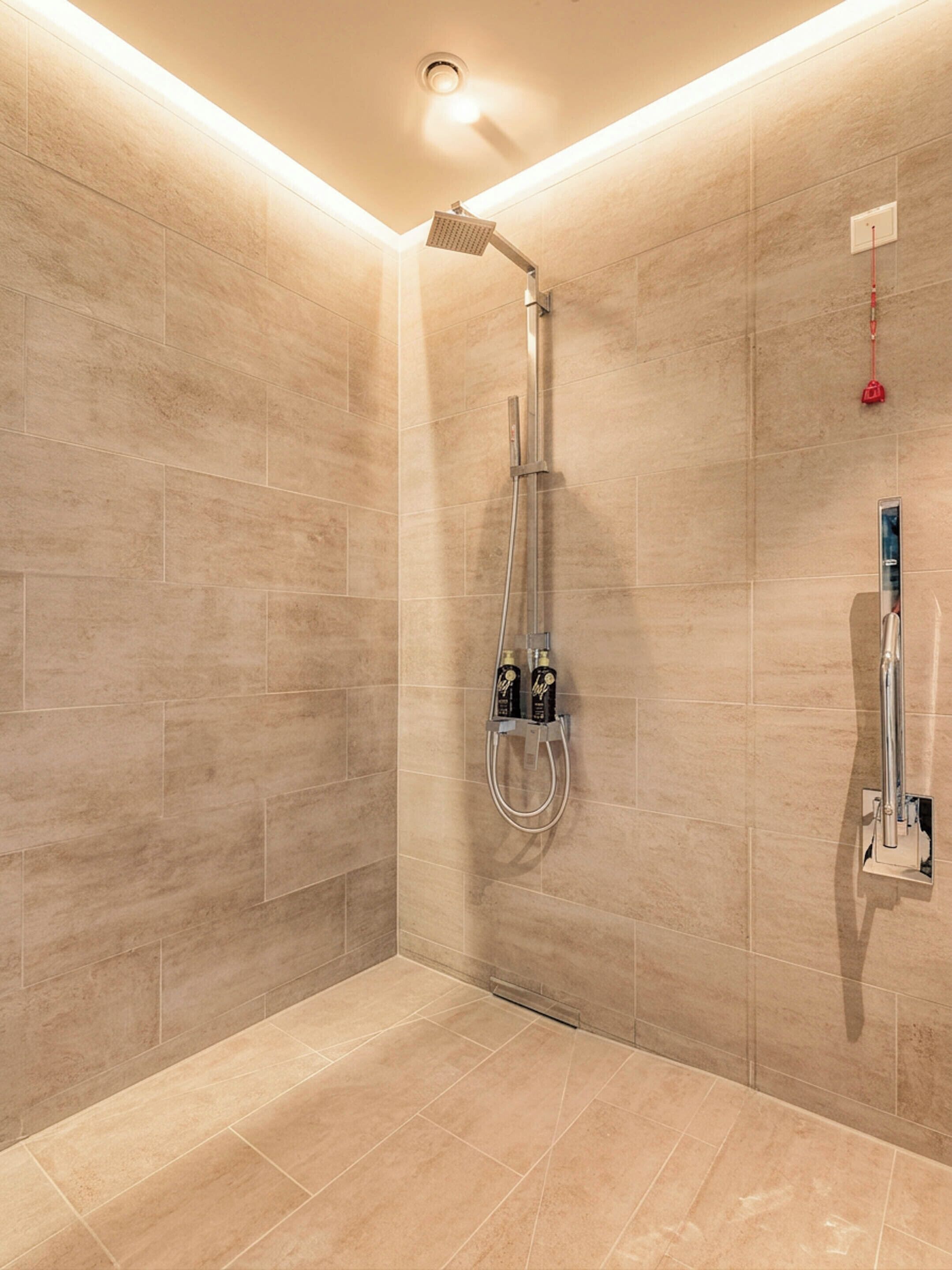 A modern shower with a handheld showerhead, a wall-mounted faucet, and a handheld showerhead.