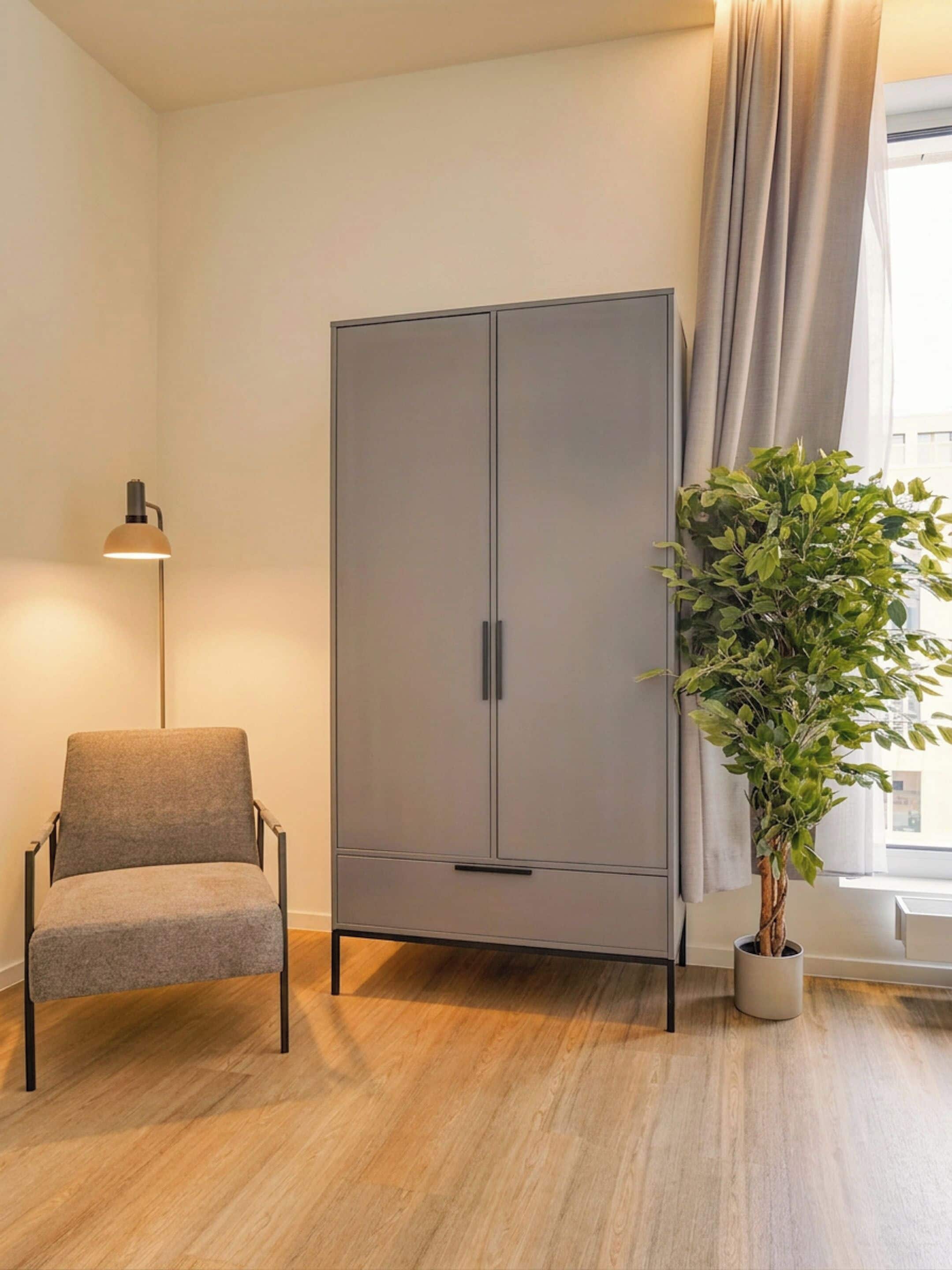 Une pièce avec une armoire grise, un fauteuil gris, un lampadaire et une plante en pot.