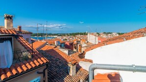 A rooftop view of a cityscape with terracotta-tiled buildings, a clear blue sky, and distant wind turbines. - BELLA NATKA BED AND BREAKFAST (Rovinj)
