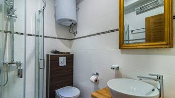 A bathroom with a glass shower enclosure, a toilet, a sink with a wooden countertop, and a mirror with a gold frame.
