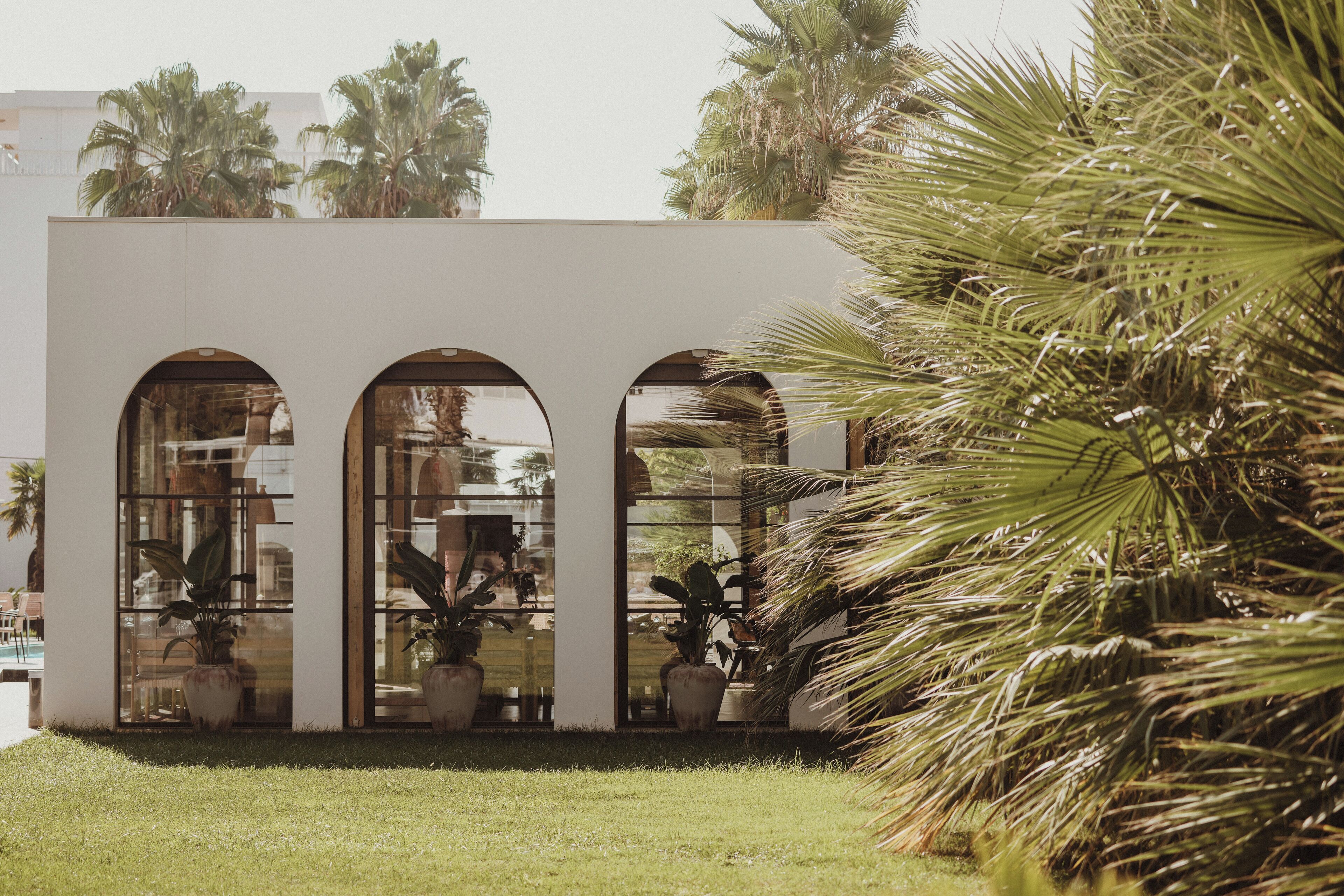 A building with three arched windows, surrounded by potted plants and palm trees.