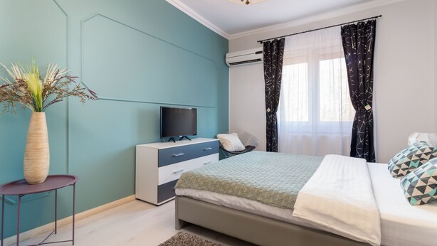 Ein Schlafzimmer mit einem Bett, einem Fernseher, einem Schminktisch und einer Pflanzvase.