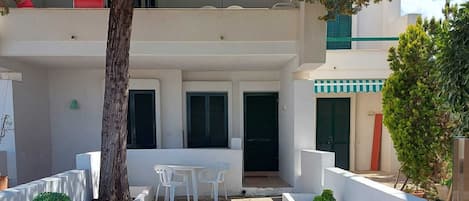 A courtyard with a tiled floor, white walls, and a tree providing shade.