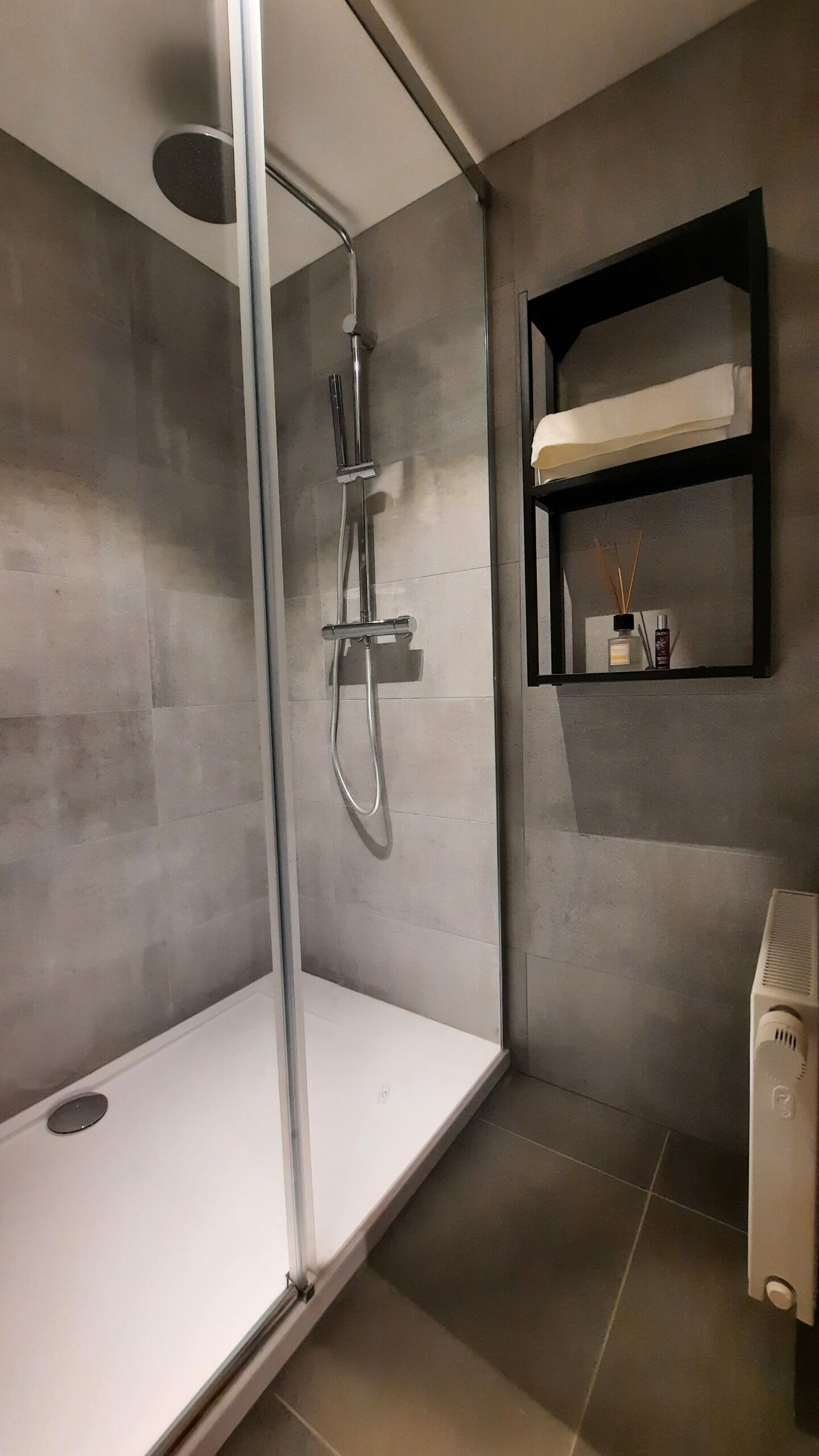 A modern bathroom with a glass-enclosed shower, a white sink, and a shelf with toiletries.