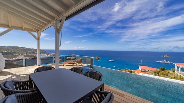 A terrace with a view of the ocean, a pool, and outdoor seating. - Belharra Luxury villa (Gustavia)