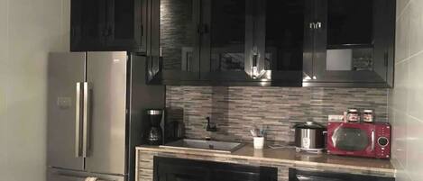 Frigorífico, microondas, horno y placa de cocina