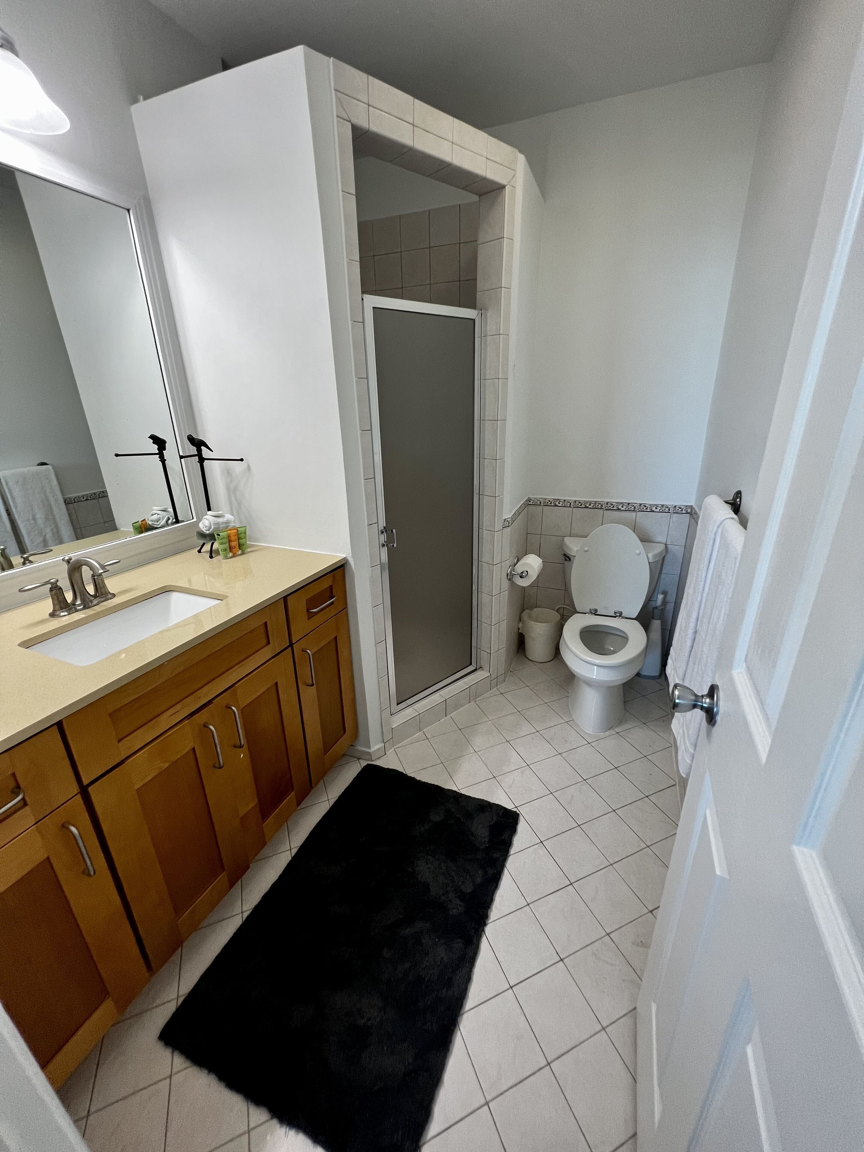 Een badkamer met een wastafel, spiegel, toilet en douche.